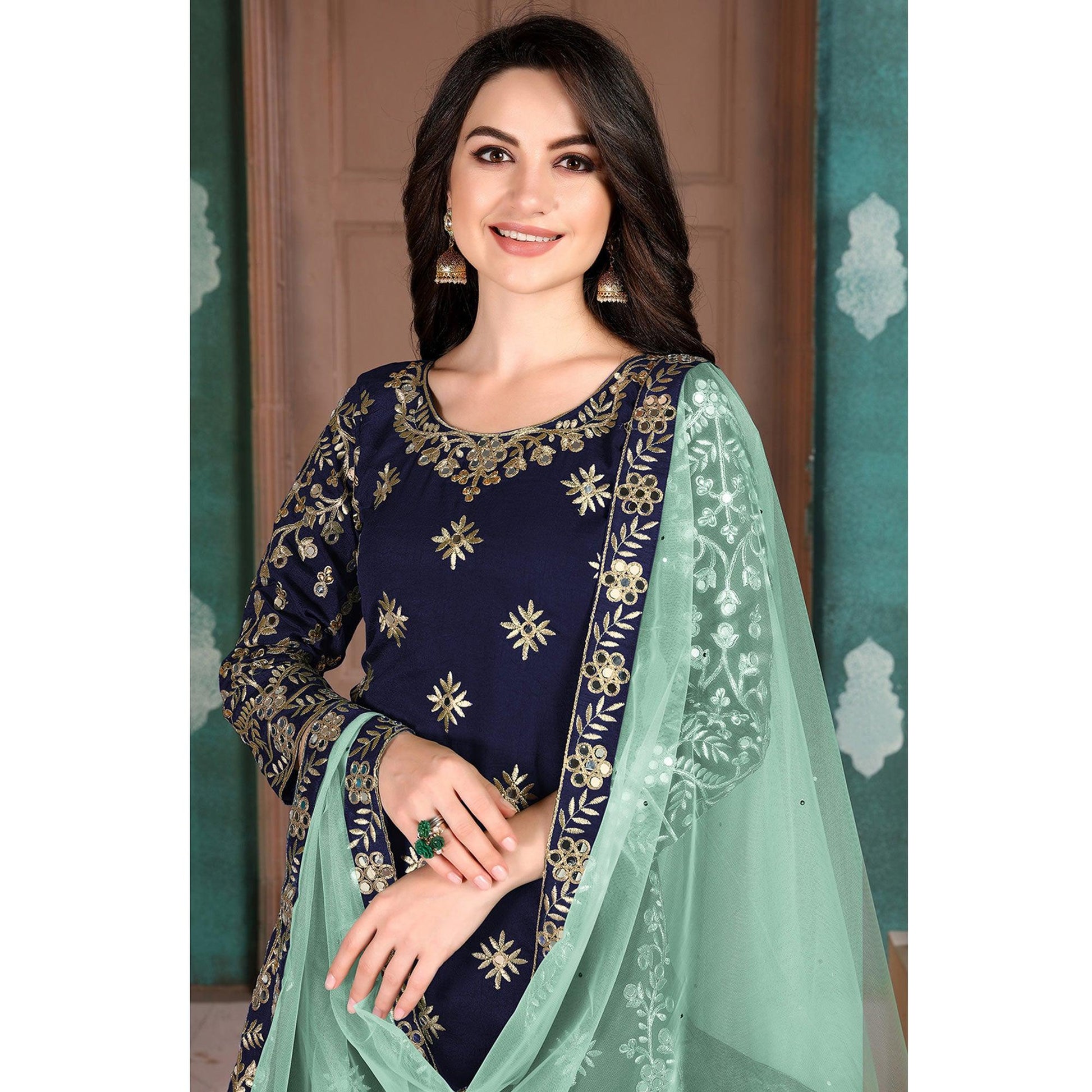 Flamboyant Blue Colored Designer Partywear Embroidered Heavy Art Silk Patiala Suit