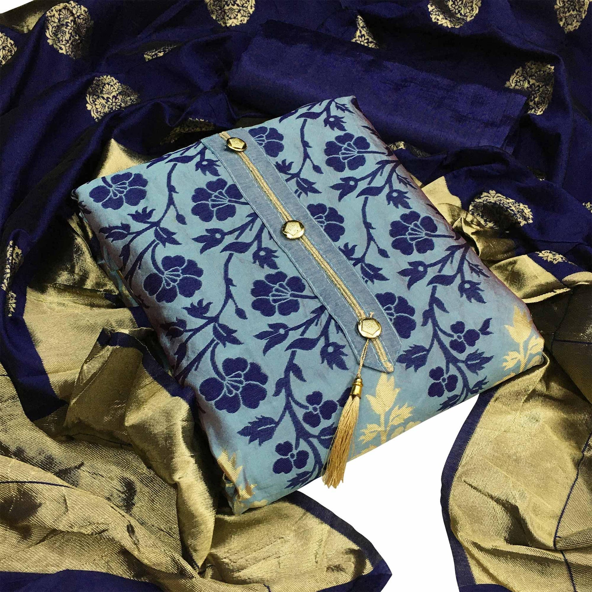Flamboyant Blue Colored Festive Wear Woven Heavy Banarasi Silk Dress Material