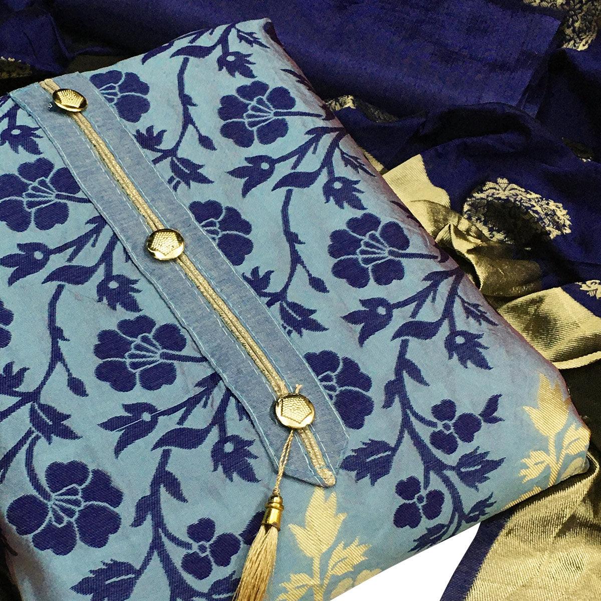 Flamboyant Blue Colored Festive Wear Woven Heavy Banarasi Silk Dress Material