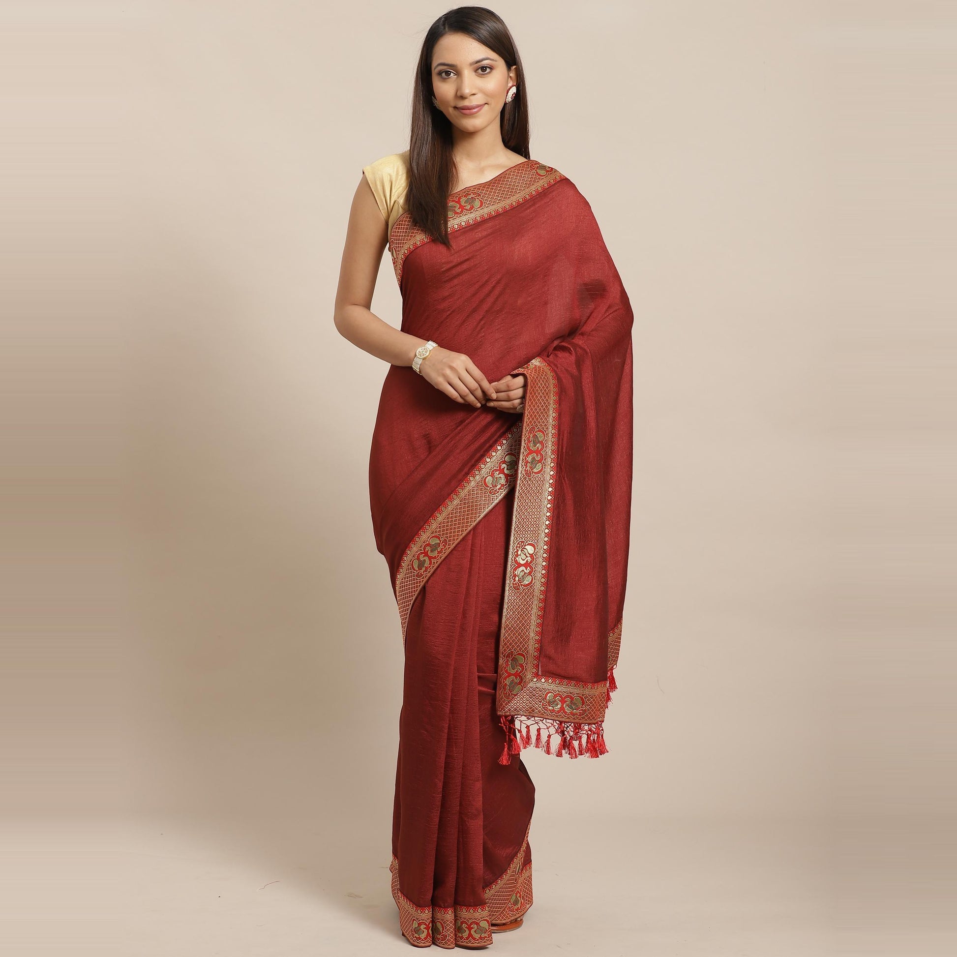 Flamboyant Brown Colored Festive Woven Silk Blend Saree