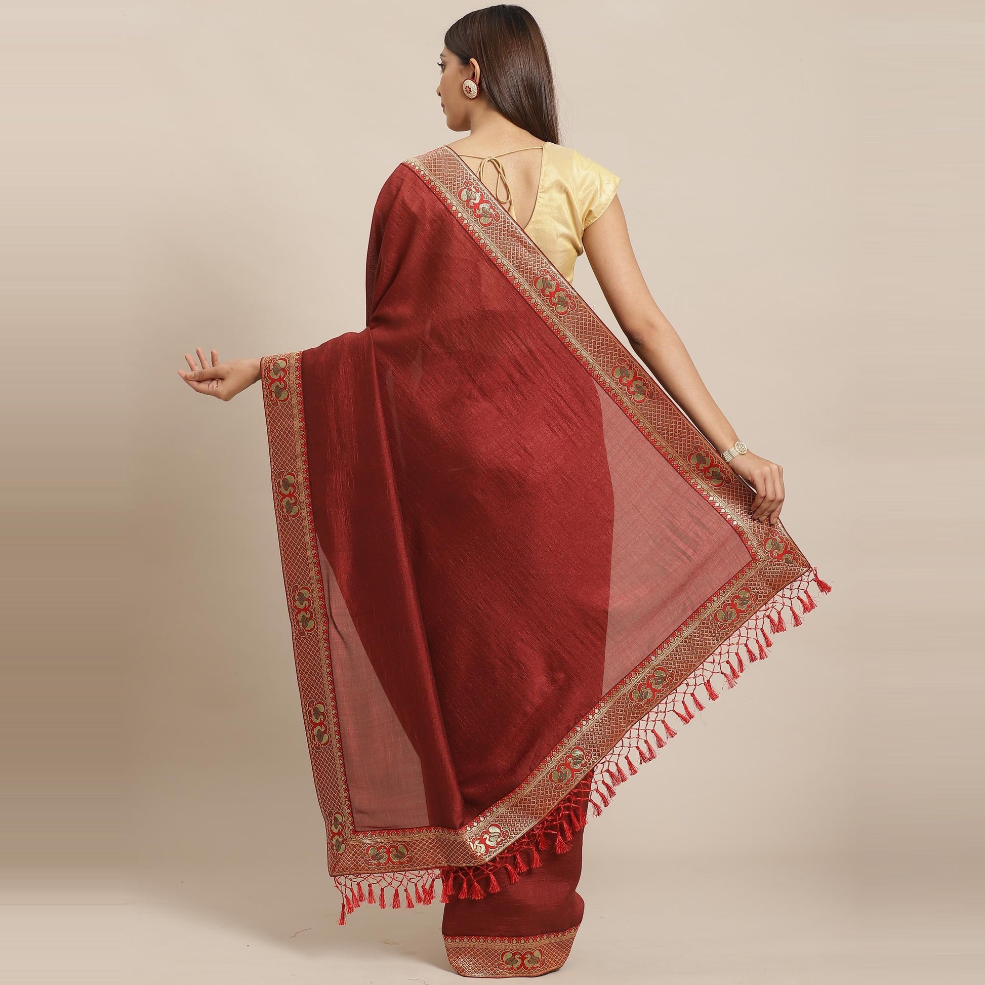 Flamboyant Brown Colored Festive Woven Silk Blend Saree