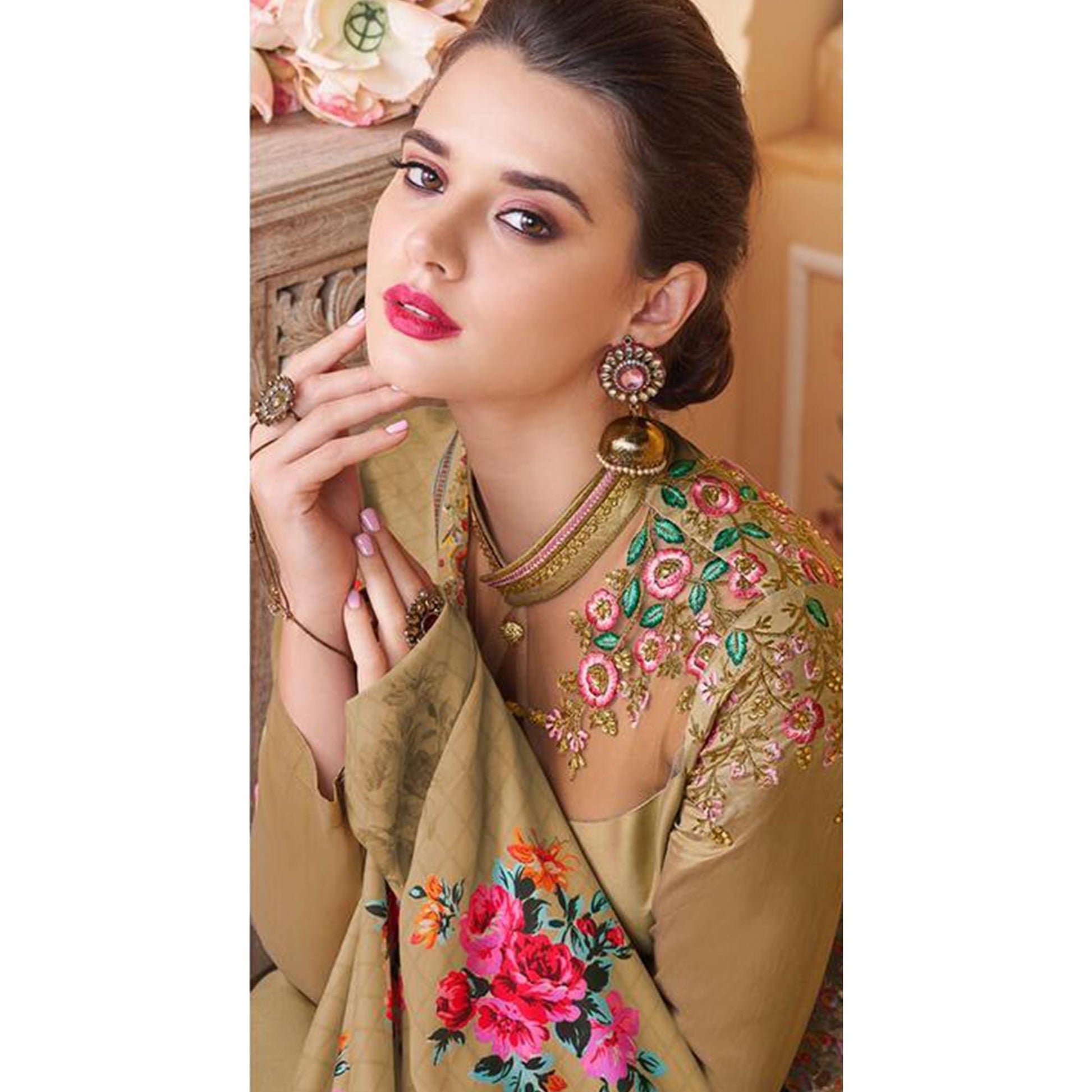 Flamboyant Chiku Colored Partywear Embroidered Silk Anarkali Suit