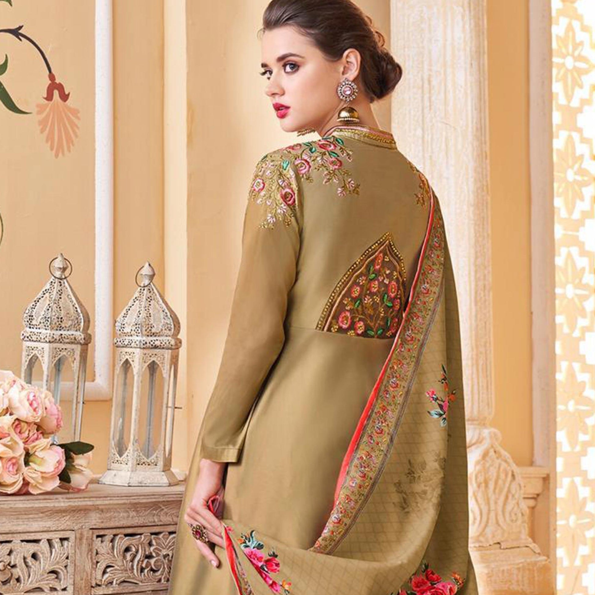 Flamboyant Chiku Colored Partywear Embroidered Silk Anarkali Suit