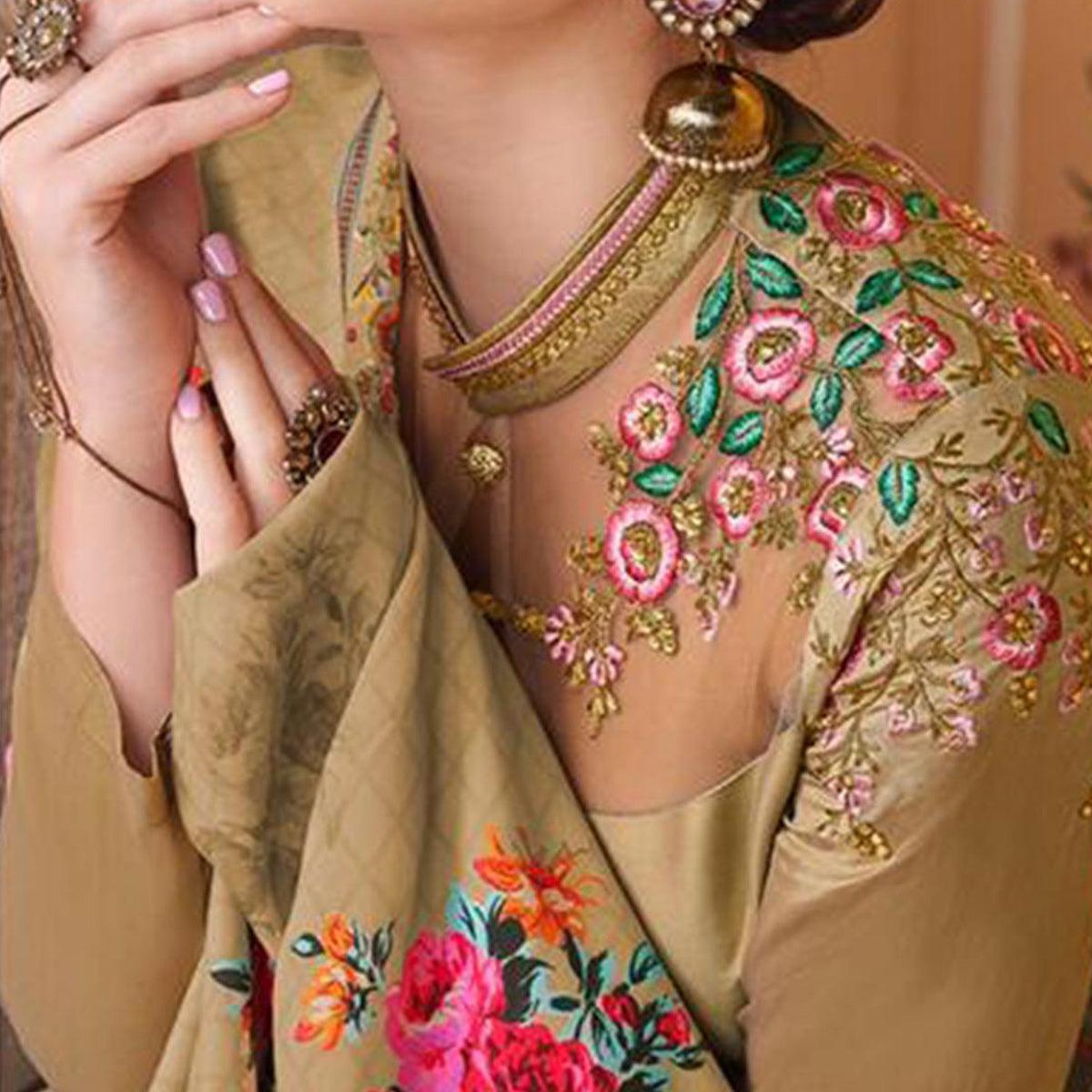 Flamboyant Chiku Colored Partywear Embroidered Silk Anarkali Suit