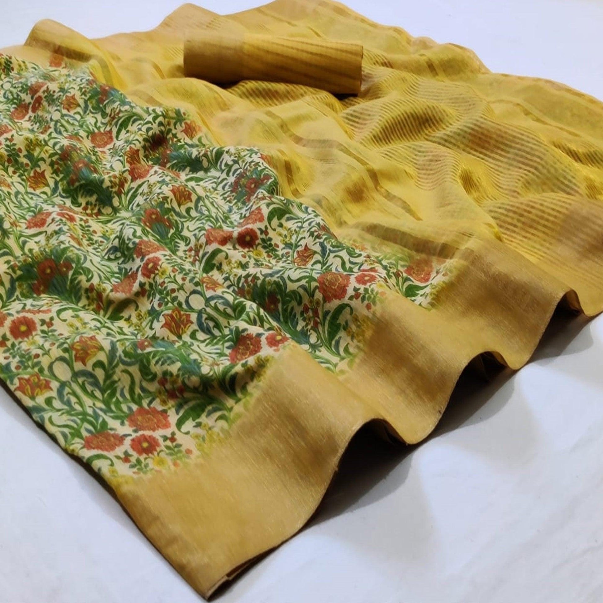 Flamboyant Cream Colored Festive Wear Woven Linen Saree
