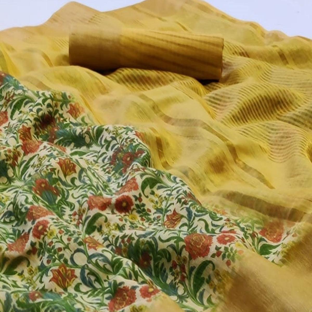 Flamboyant Cream Colored Festive Wear Woven Linen Saree
