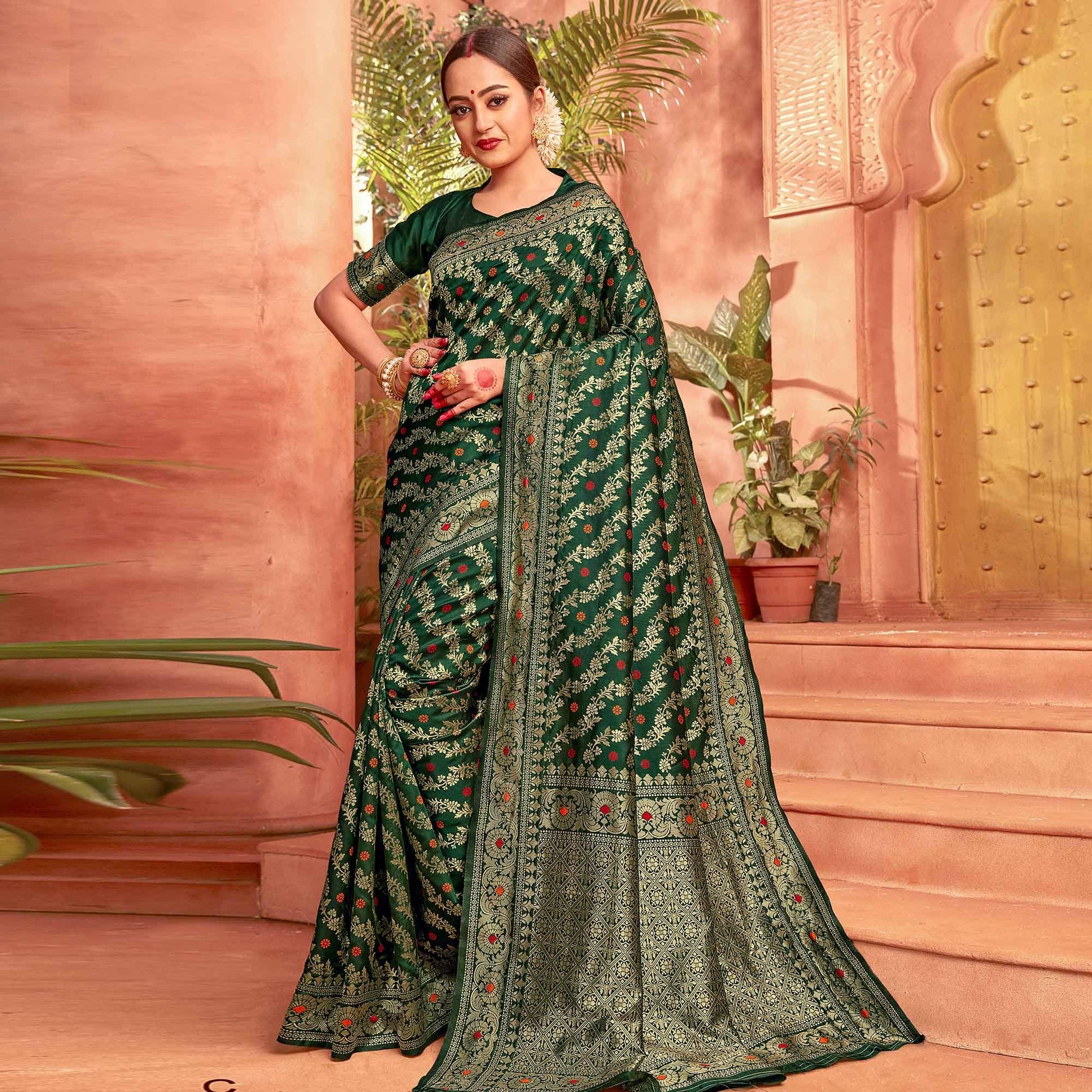 Flamboyant Dark Green Colored Festive Wear Woven Designer Silk Saree