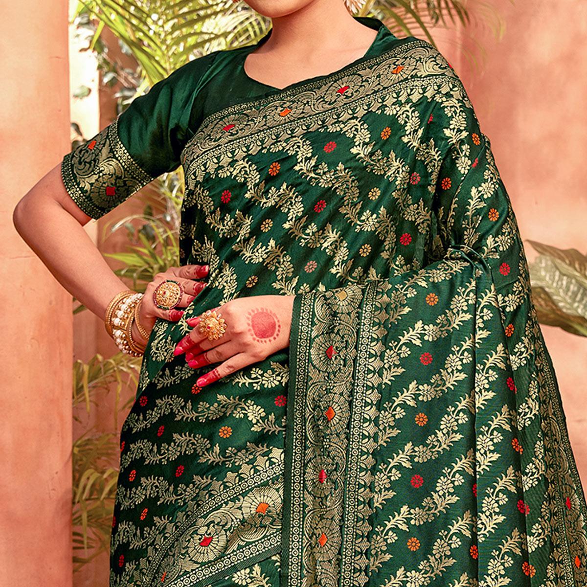 Flamboyant Dark Green Colored Festive Wear Woven Designer Silk Saree