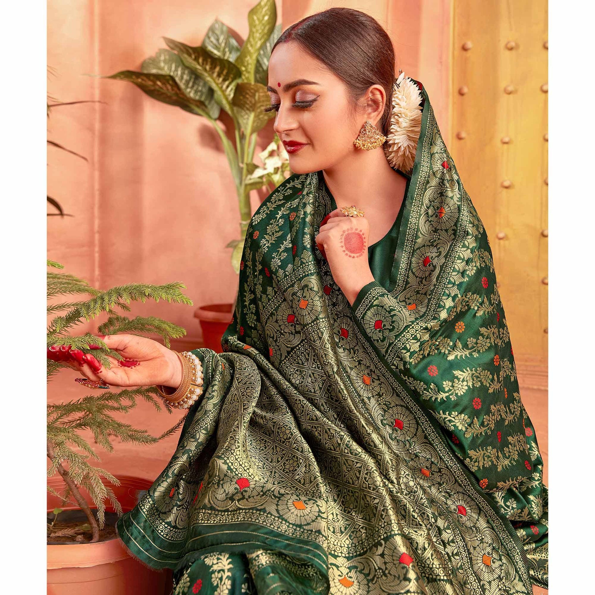 Flamboyant Dark Green Colored Festive Wear Woven Designer Silk Saree