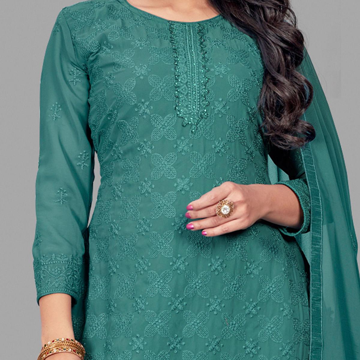 Flamboyant Dark Green Colored Partywear Embroidered Heavy Faux Georgette Palazzo Suit