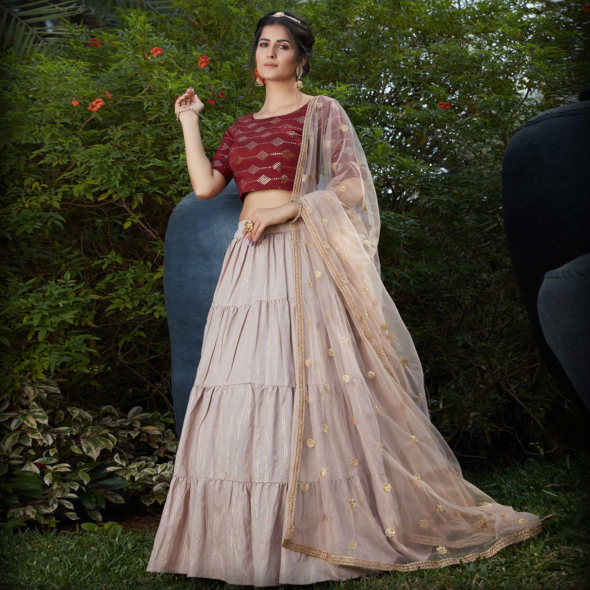 Flamboyant Dusty Maroon - Beige Colored Wedding Partywear Foil Work Cotton Lehenga Choli