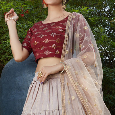 Flamboyant Dusty Maroon - Beige Colored Wedding Partywear Foil Work Cotton Lehenga Choli