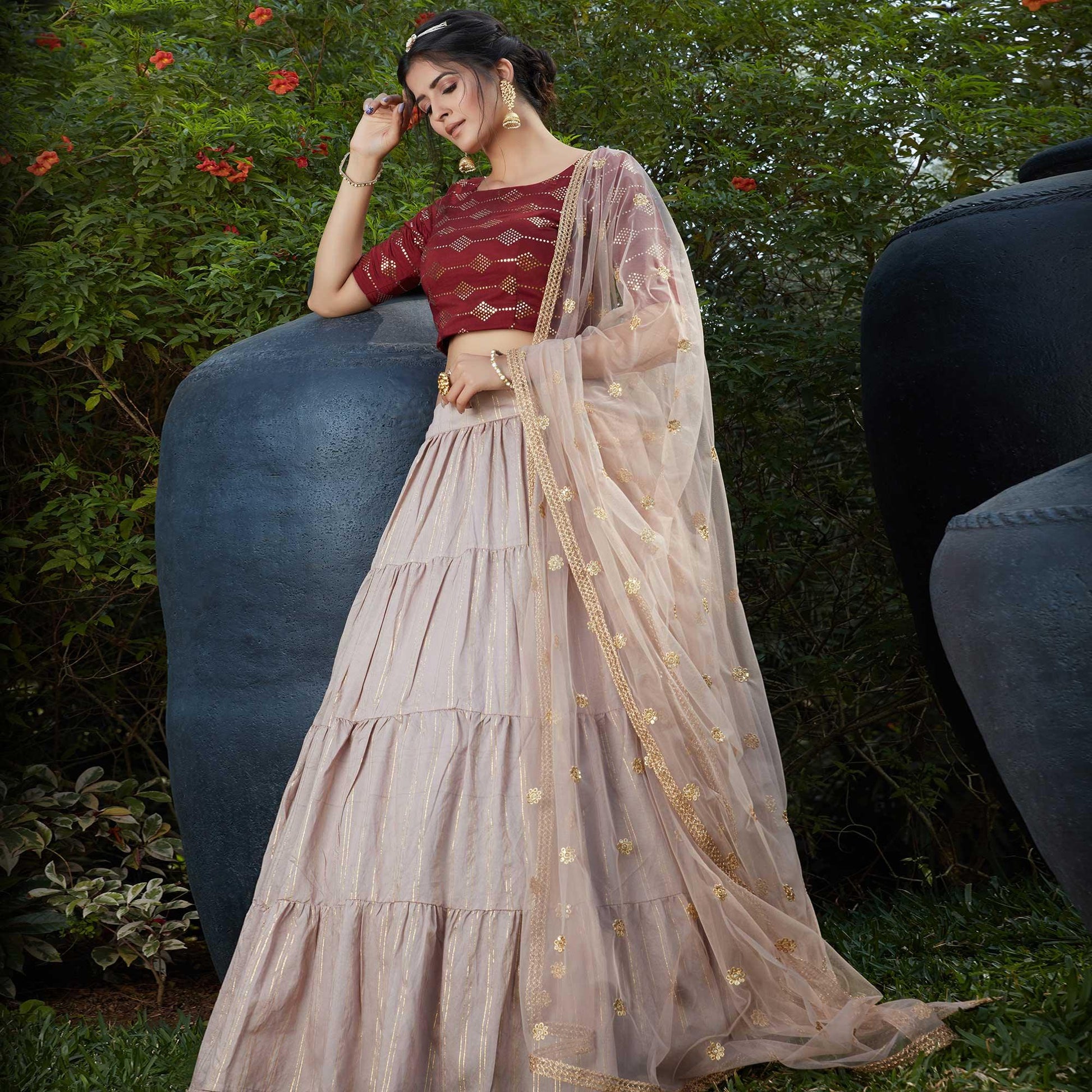 Flamboyant Dusty Maroon - Beige Colored Wedding Partywear Foil Work Cotton Lehenga Choli