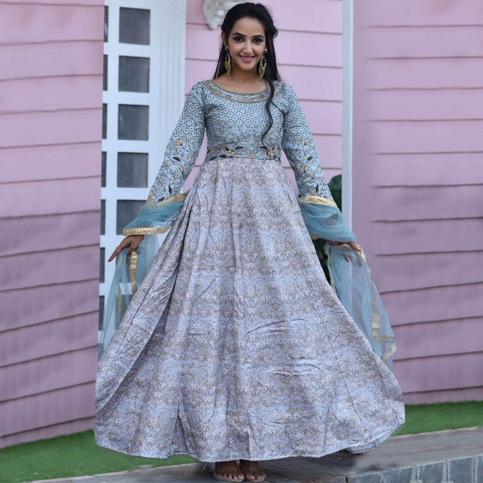 Flamboyant Gray Colored Partywear Embroidered Silk Gown