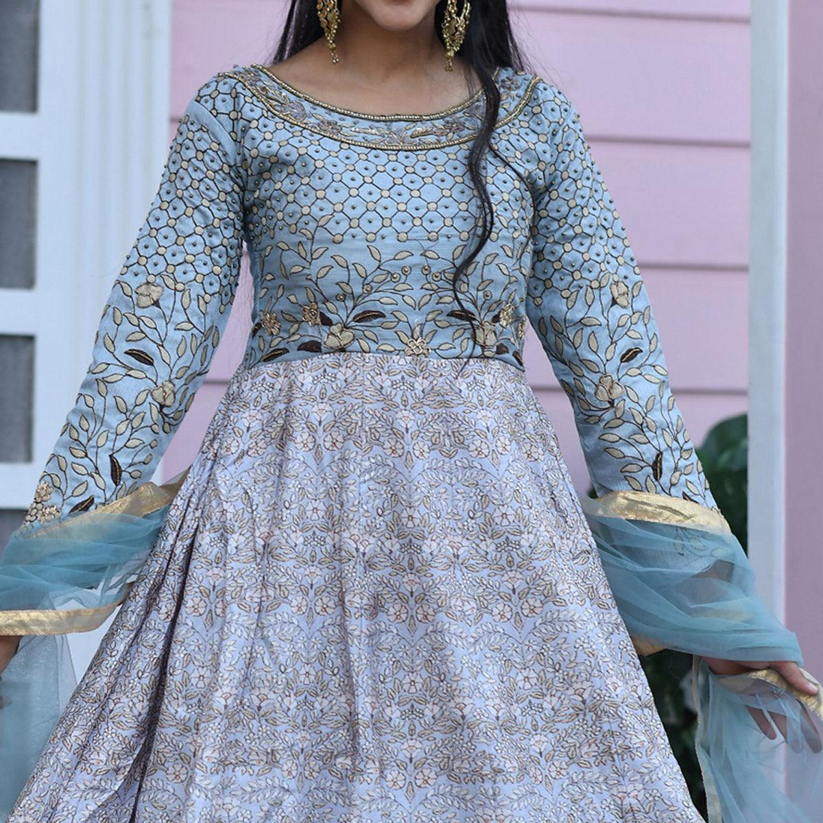 Flamboyant Gray Colored Partywear Embroidered Silk Gown