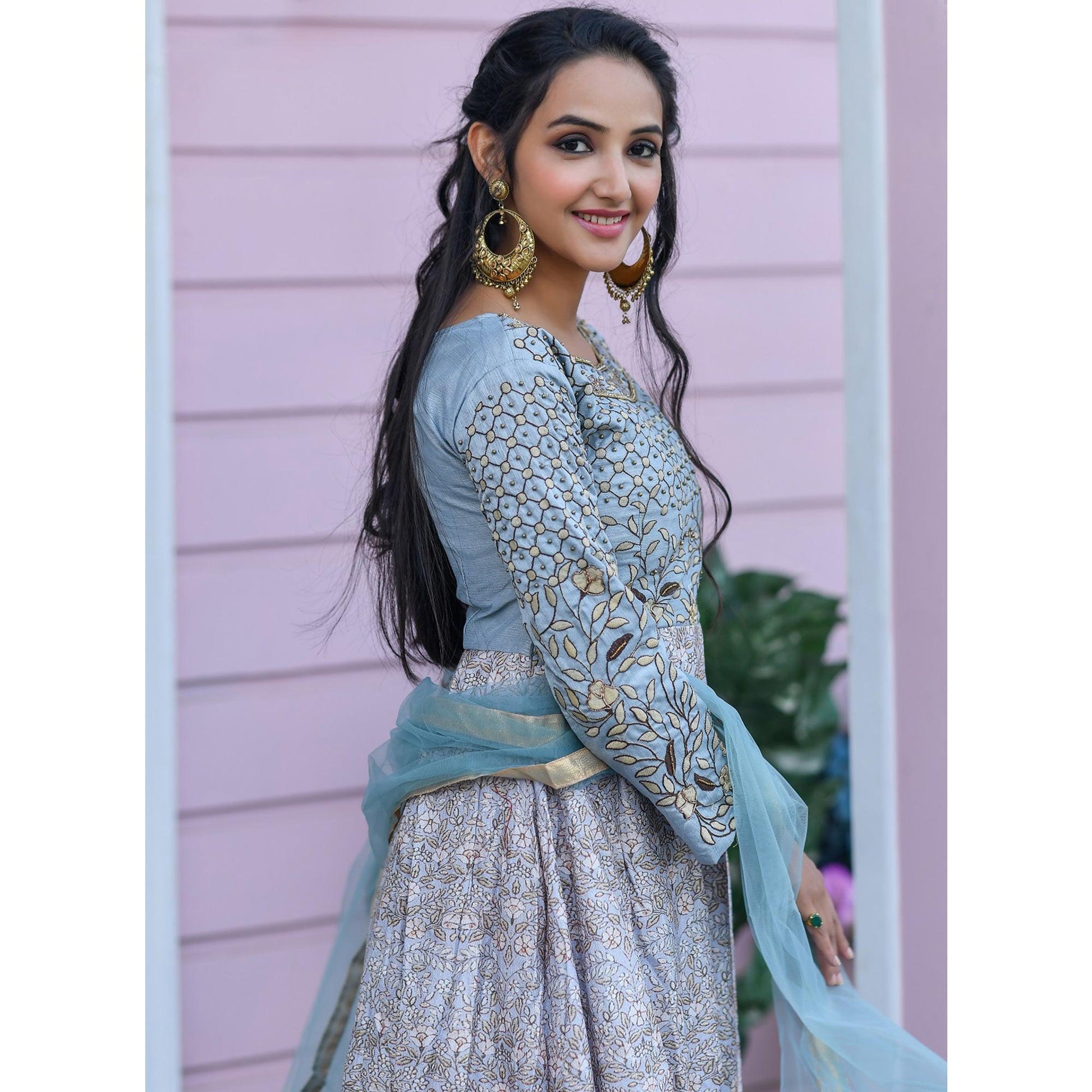 Flamboyant Gray Colored Partywear Embroidered Silk Gown