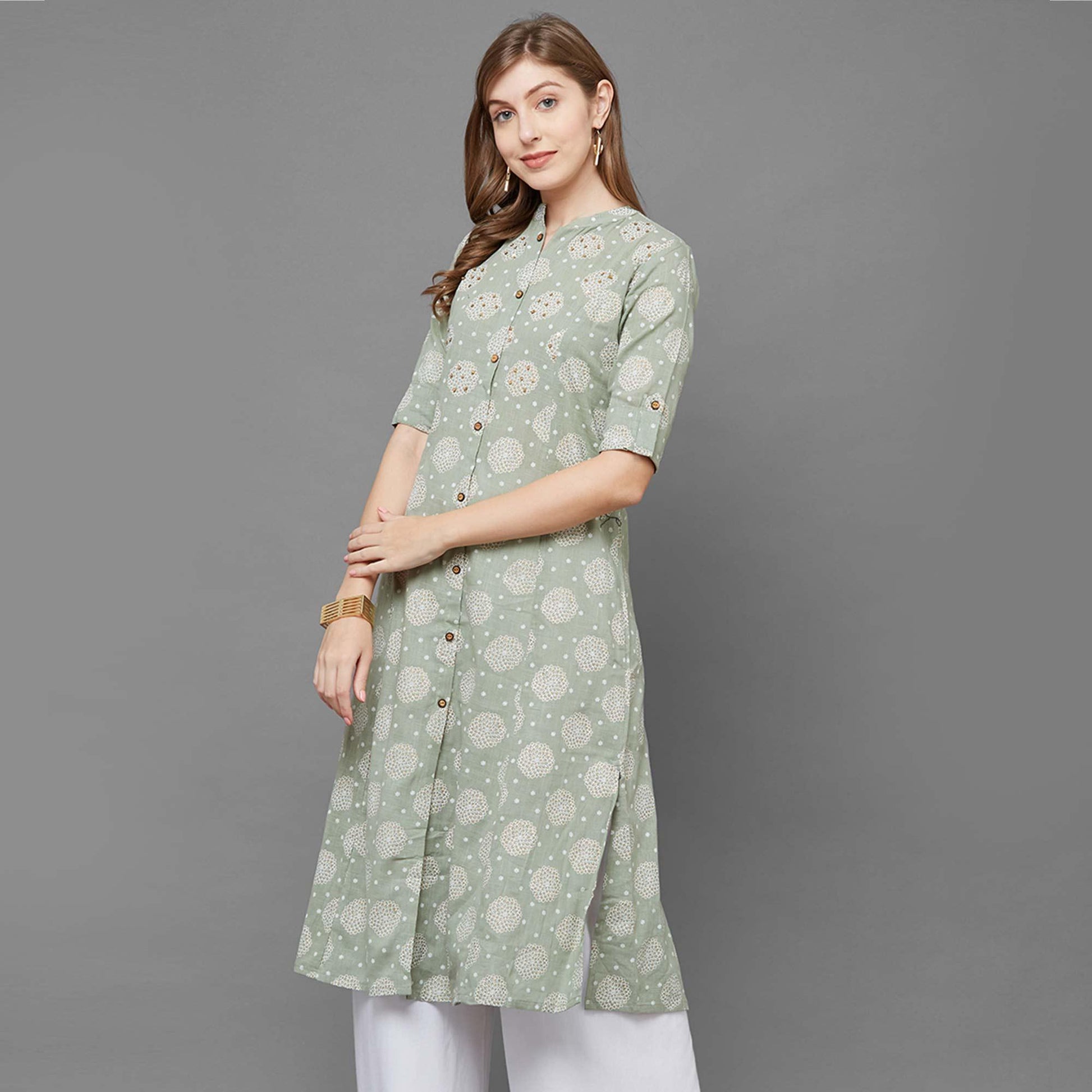 Flamboyant Green Colored Casual Printed Cotton Long Kurti