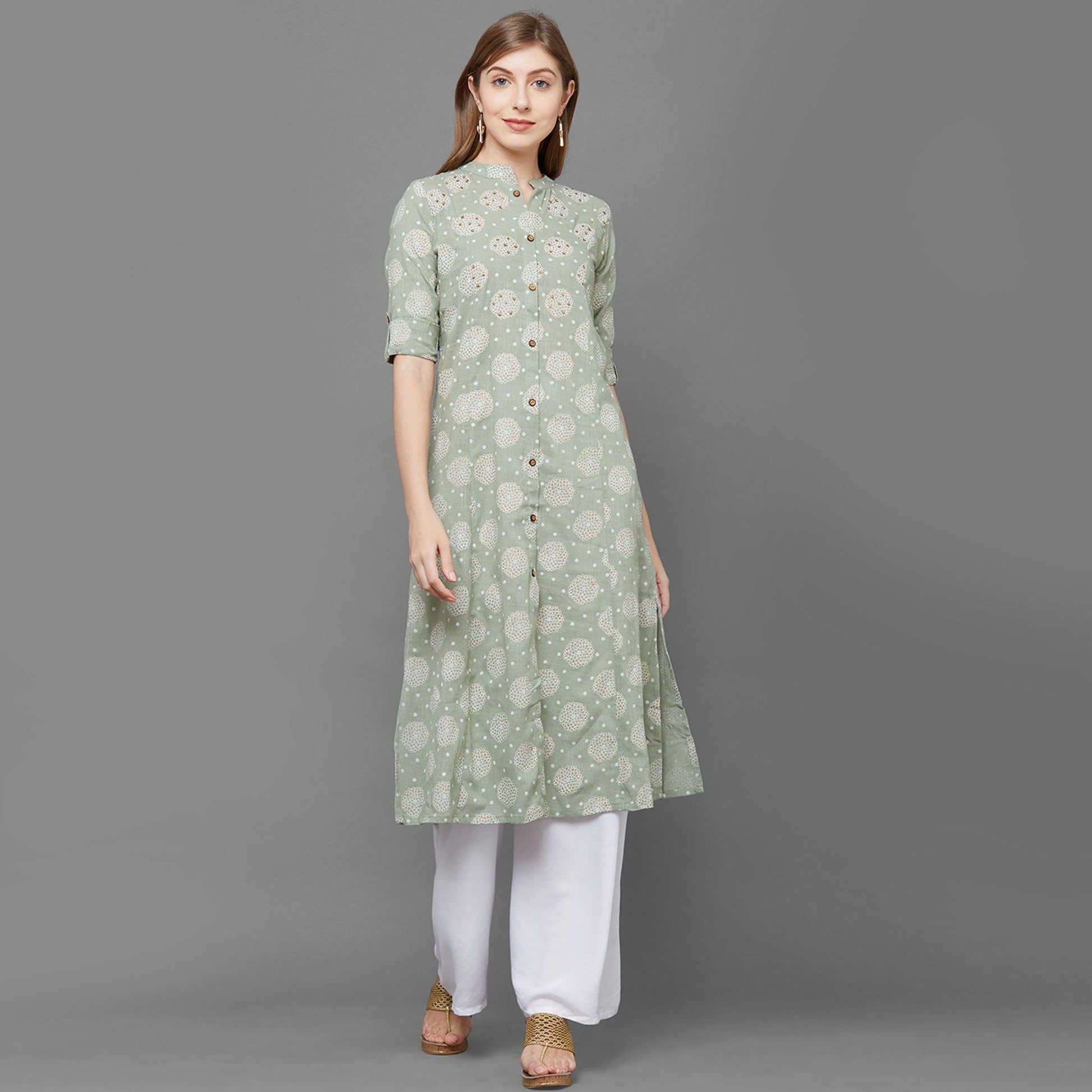 Flamboyant Green Colored Casual Printed Cotton Long Kurti