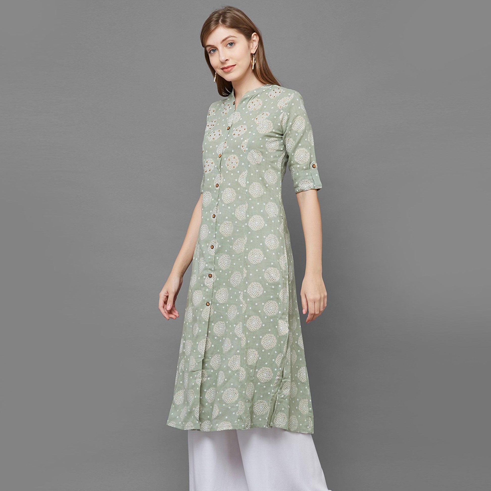 Flamboyant Green Colored Casual Printed Cotton Long Kurti
