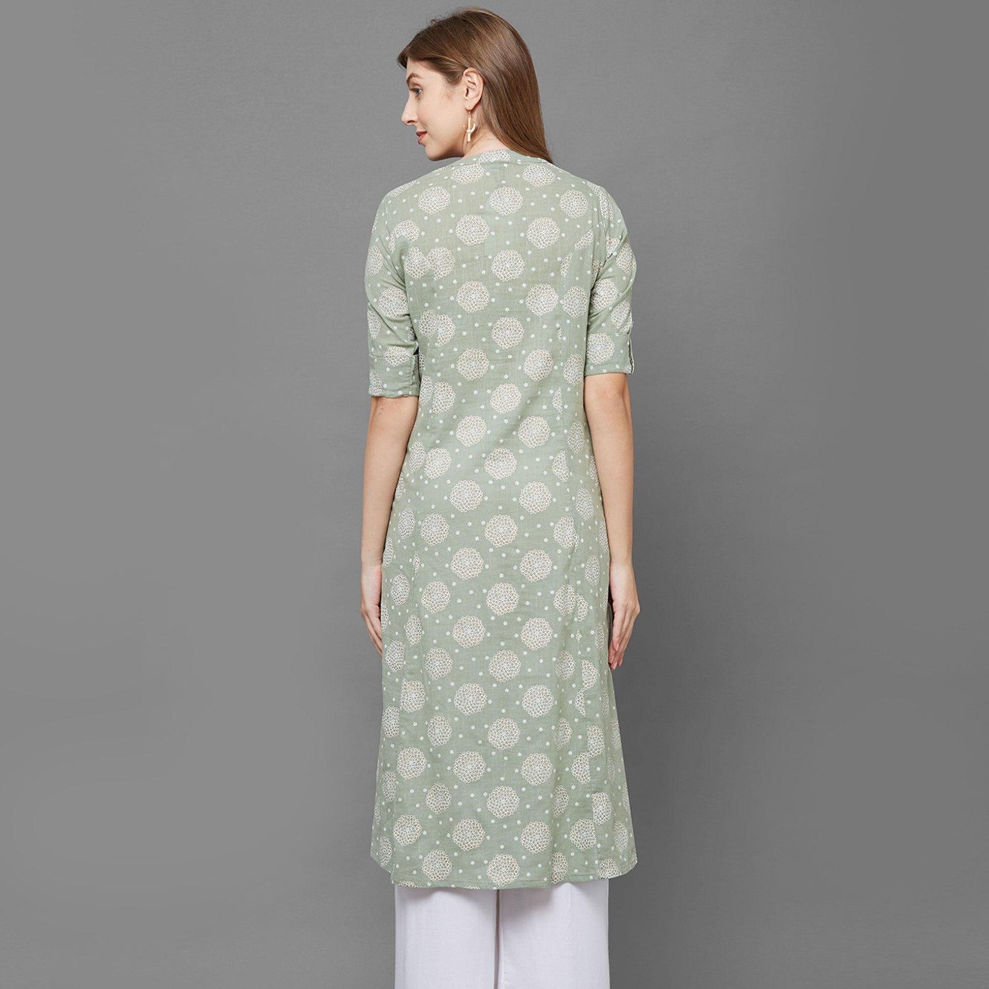 Flamboyant Green Colored Casual Printed Cotton Long Kurti