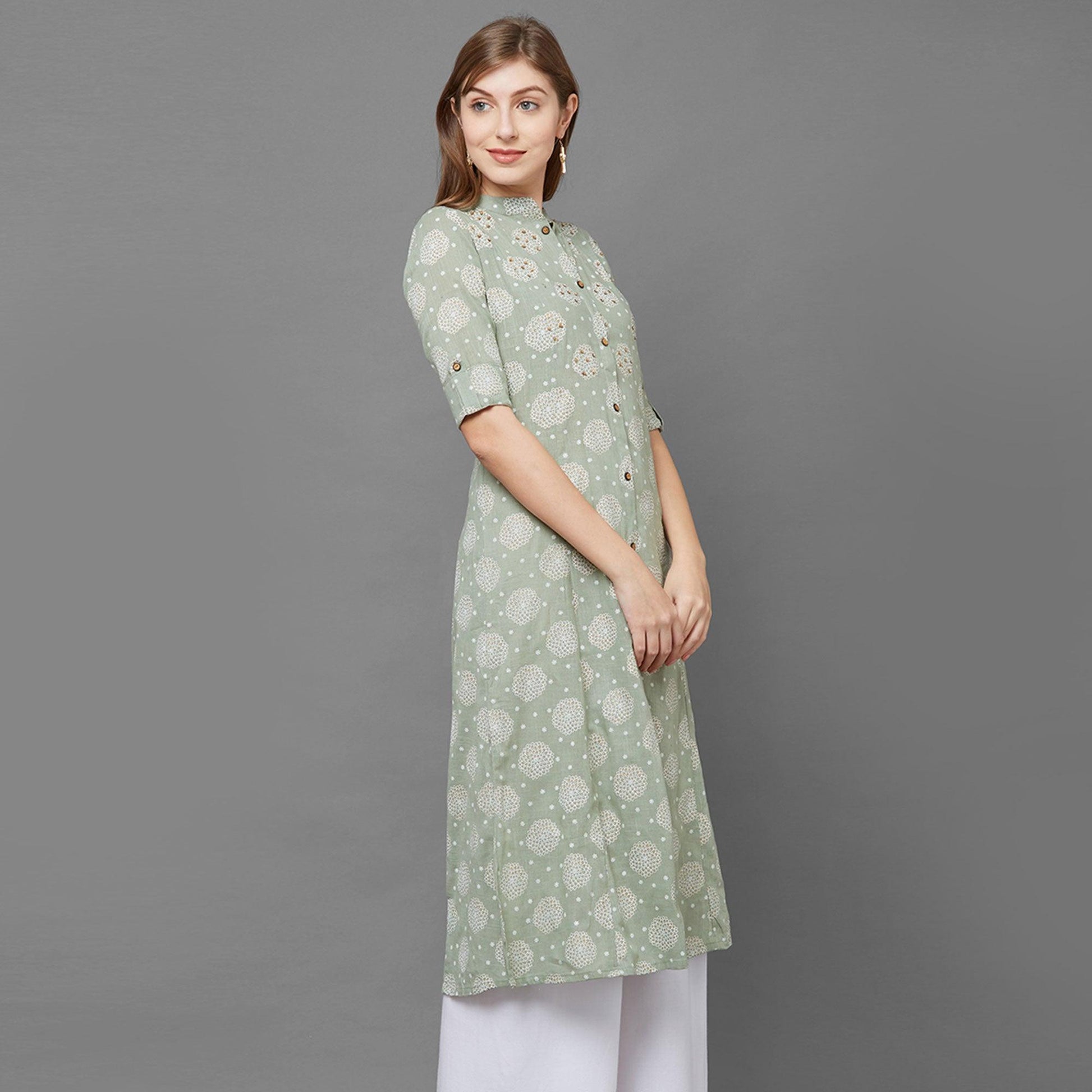 Flamboyant Green Colored Casual Printed Cotton Long Kurti