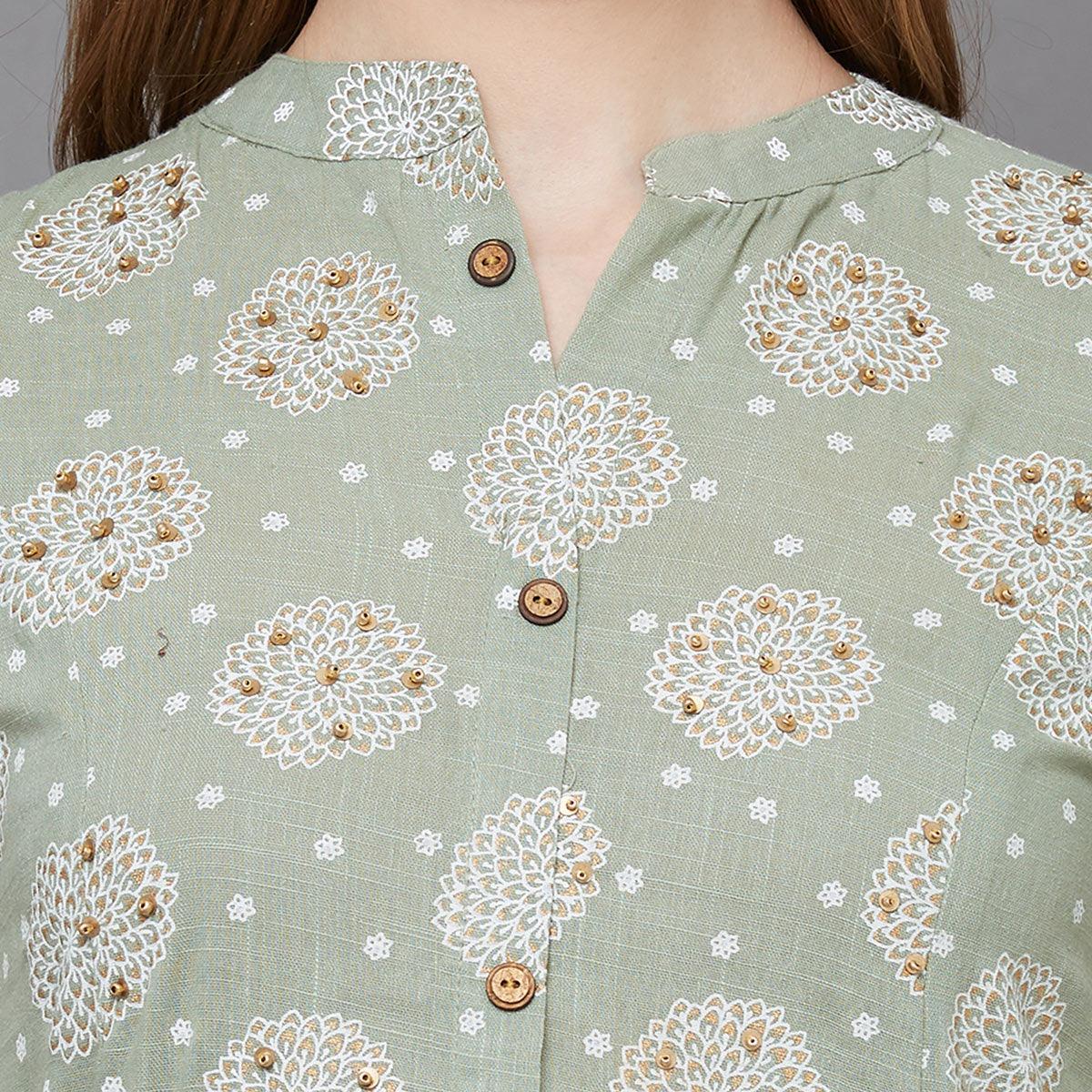 Flamboyant Green Colored Casual Printed Cotton Long Kurti