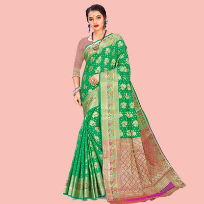 Flamboyant Green Colored Festive Wear Woven Art Silk Saree
