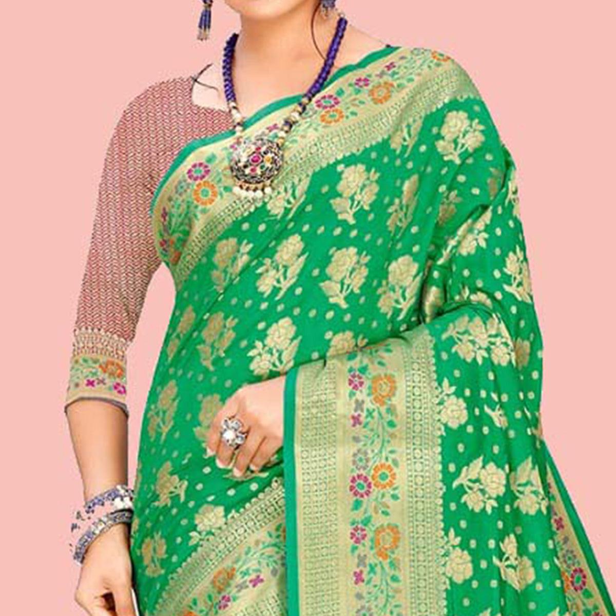 Flamboyant Green Colored Festive Wear Woven Art Silk Saree