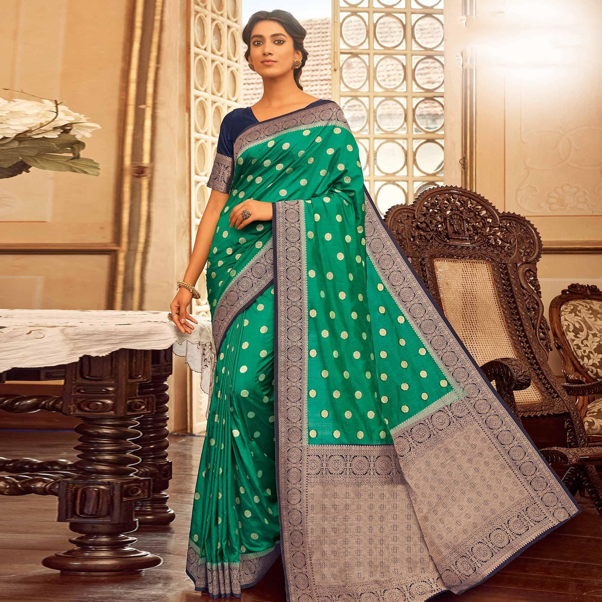 Flamboyant Green Colored Festive Wear Woven Chanderi Cotton Saree
