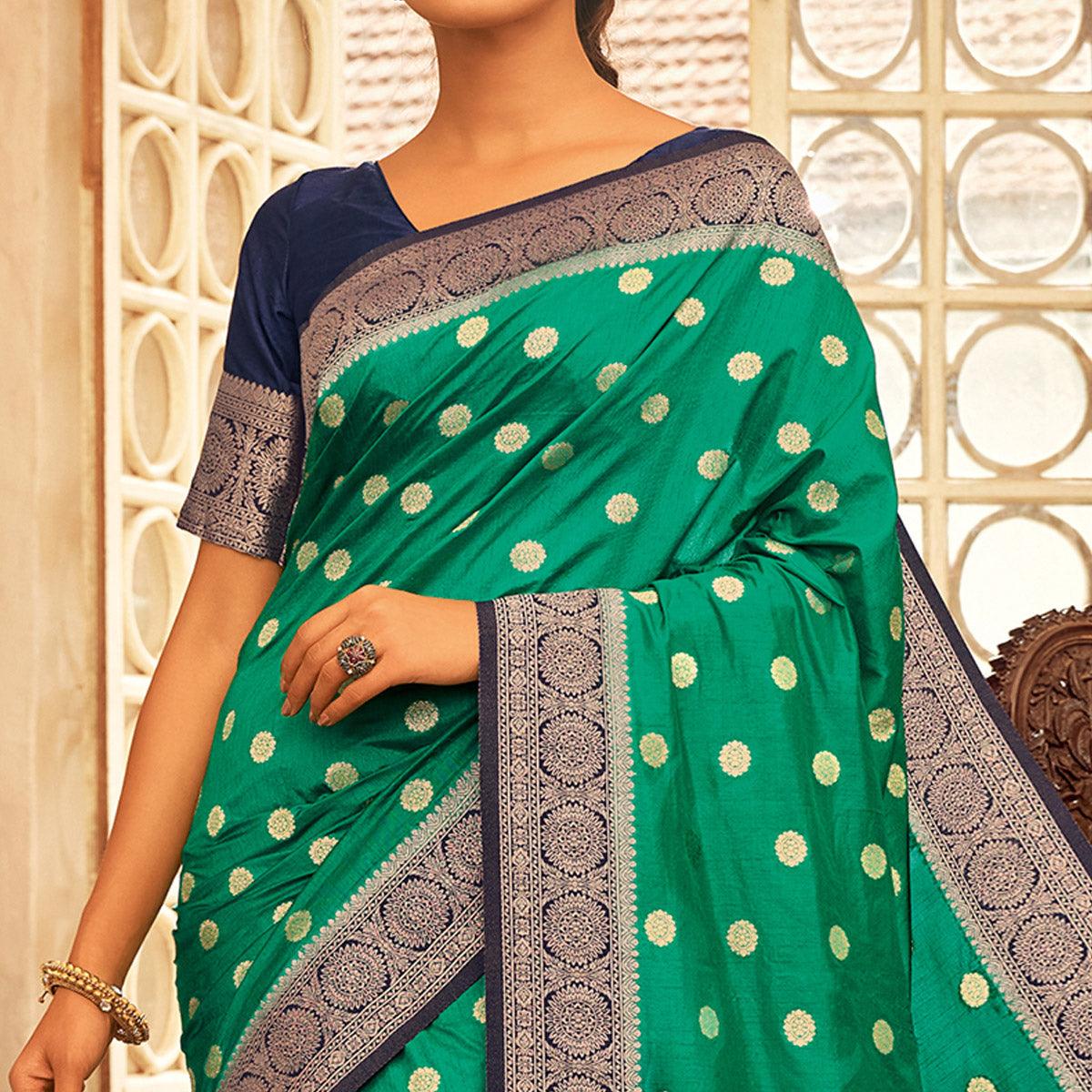 Flamboyant Green Colored Festive Wear Woven Chanderi Cotton Saree