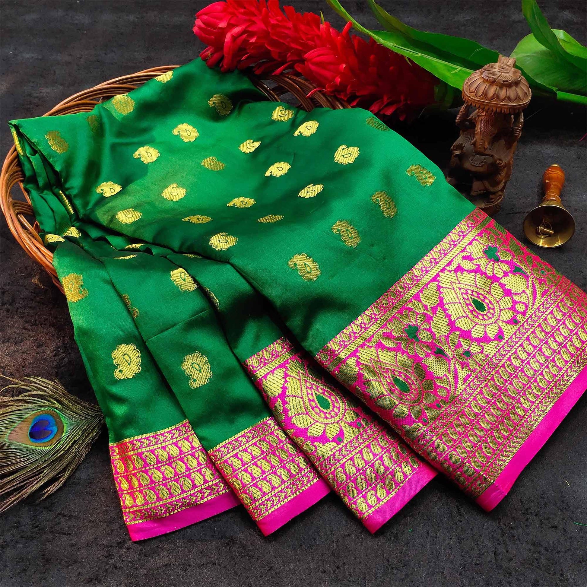 Flamboyant Green Colored Festive Wear Woven Kanjivaram Silk Saree