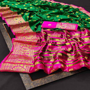 Flamboyant Green Colored Festive Wear Woven Kanjivaram Silk Saree