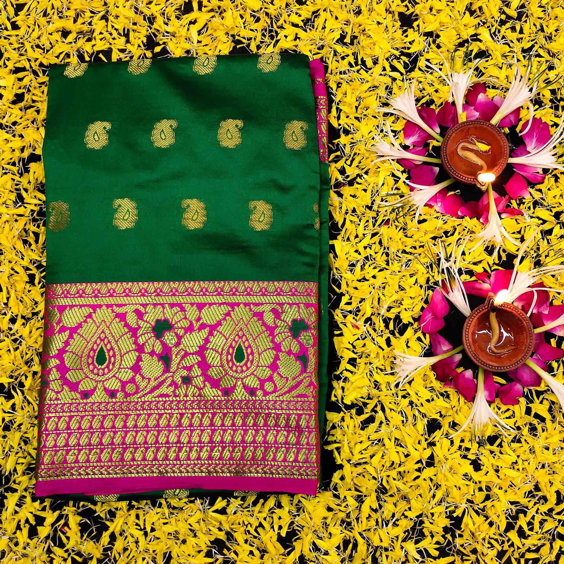 Flamboyant Green Colored Festive Wear Woven Kanjivaram Silk Saree