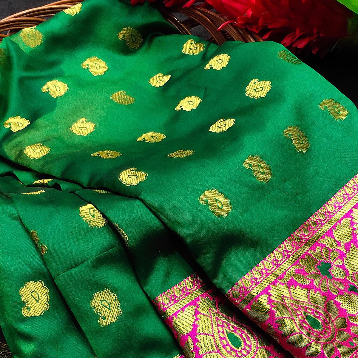 Flamboyant Green Colored Festive Wear Woven Kanjivaram Silk Saree