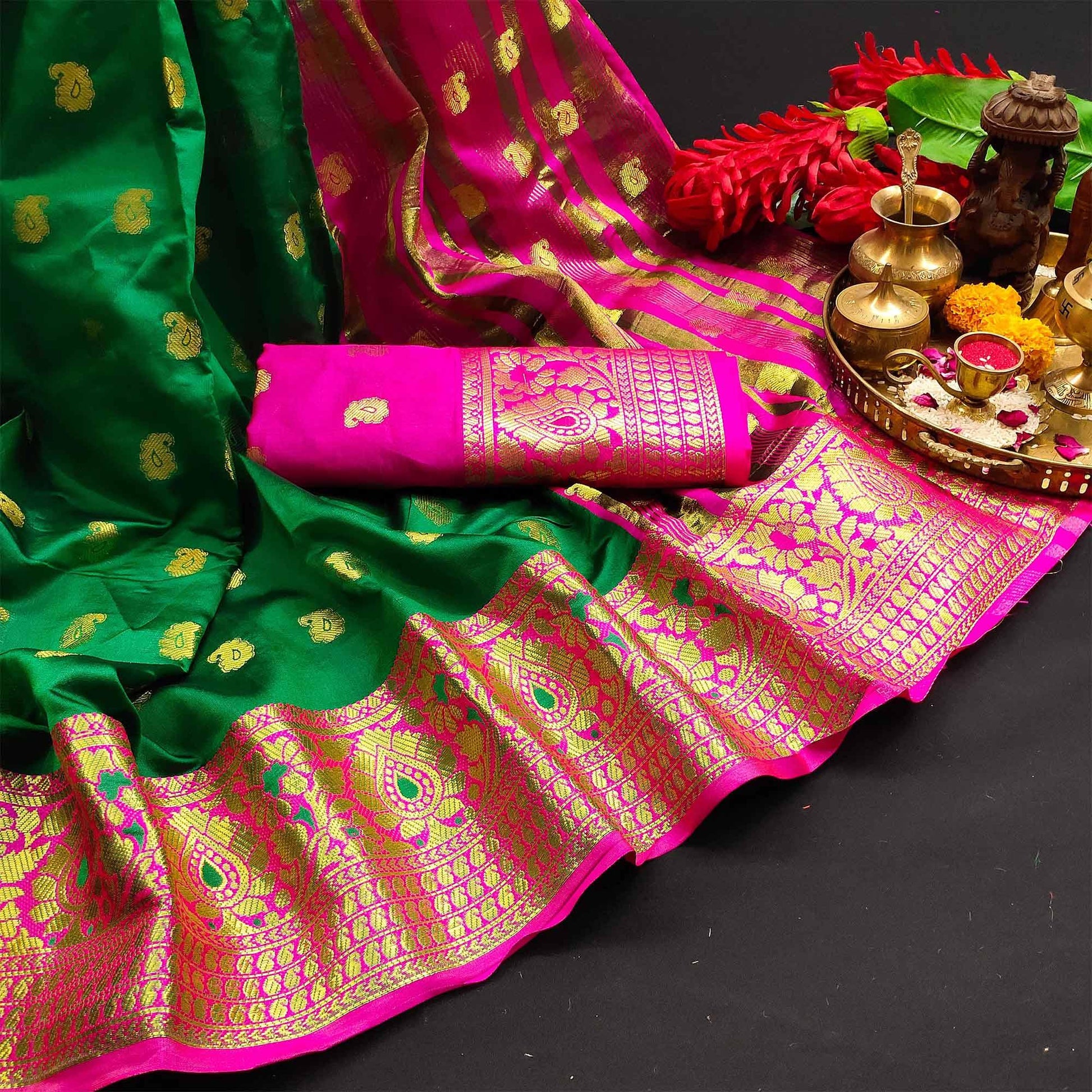 Flamboyant Green Colored Festive Wear Woven Kanjivaram Silk Saree
