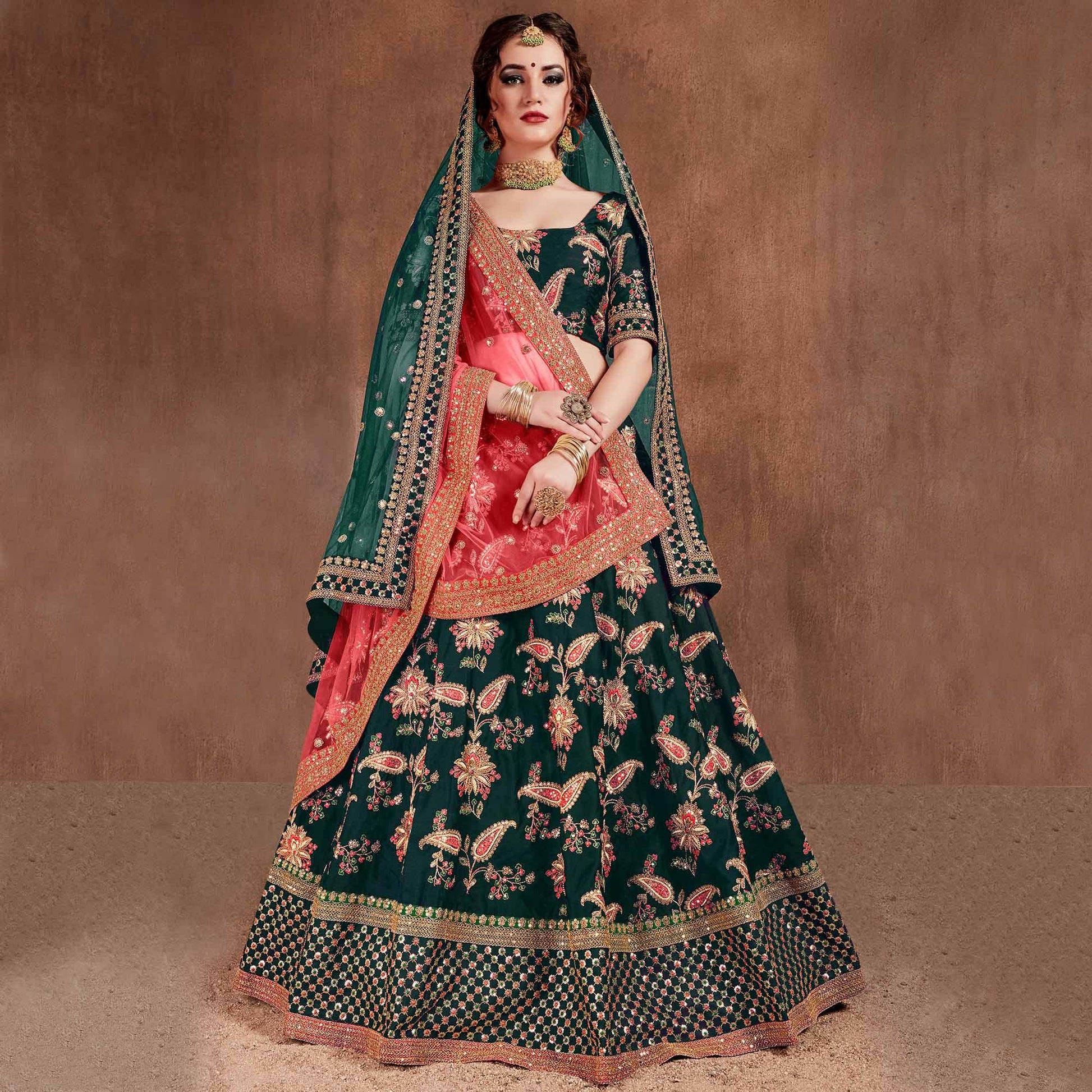 Flamboyant Green Colored Wedding Wear Embroidered Tapeta Silk Lehenga Choli
