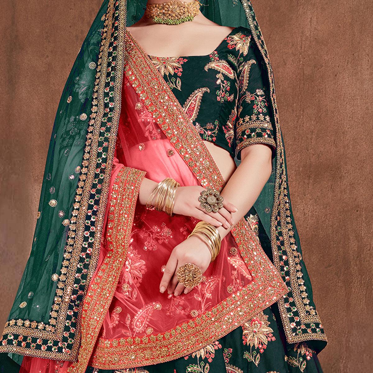 Flamboyant Green Colored Wedding Wear Embroidered Tapeta Silk Lehenga Choli