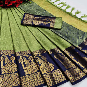 Flamboyant Green Coloured Festive Wear Woven Cotton Silk Saree