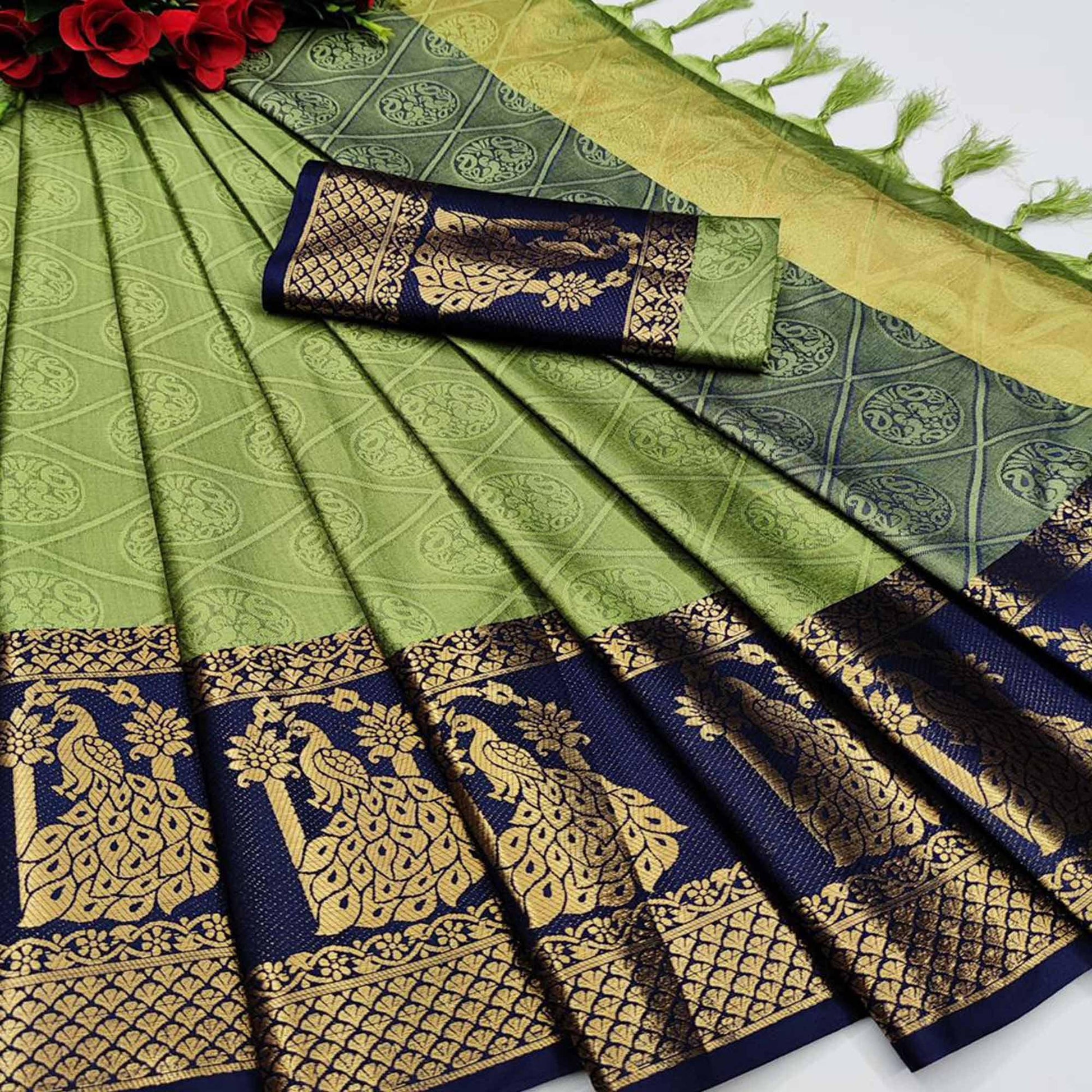 Flamboyant Green Coloured Festive Wear Woven Cotton Silk Saree