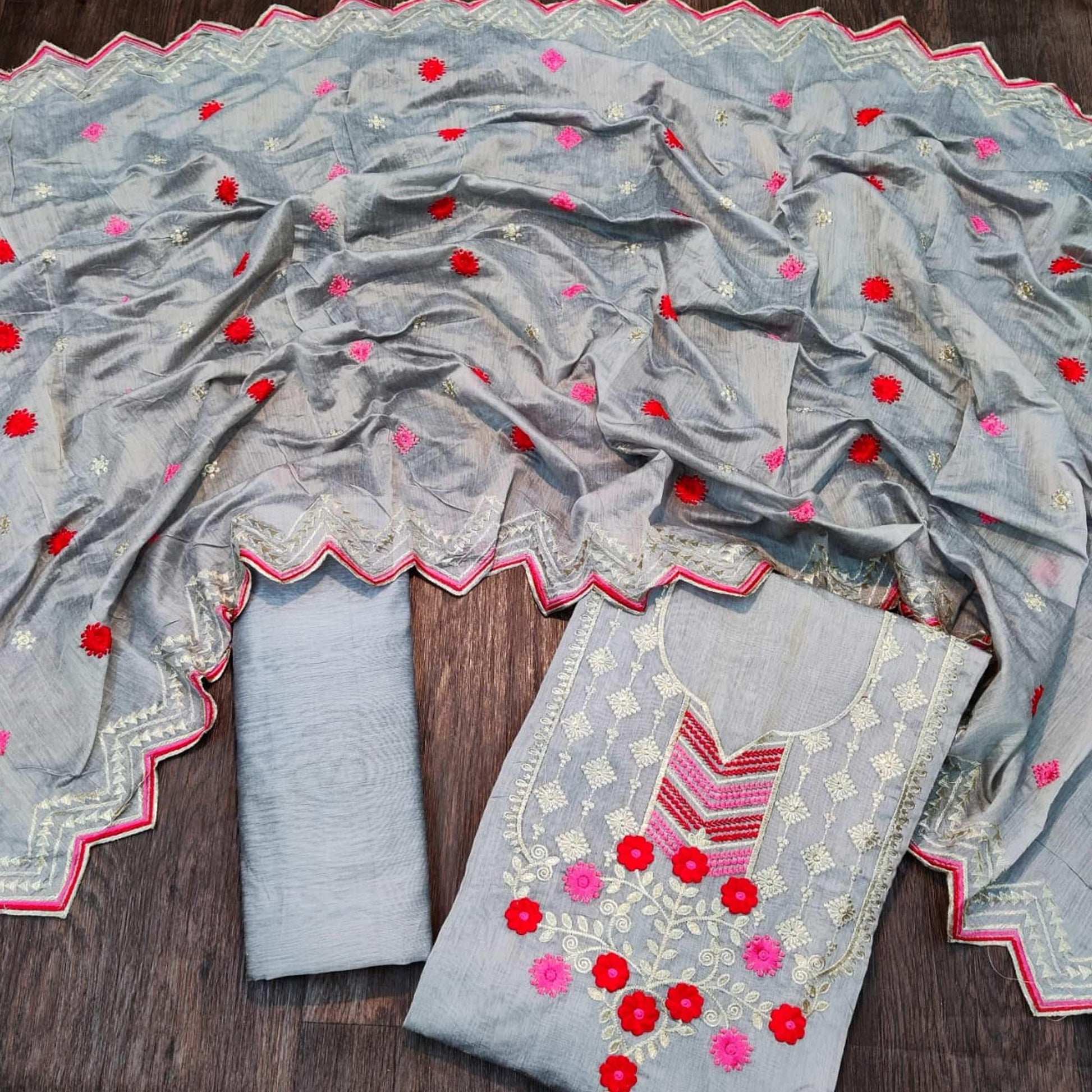 Flamboyant Grey Colored Casual Wear Embroidered Chanderi Dress Material