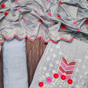 Flamboyant Grey Colored Casual Wear Embroidered Chanderi Dress Material