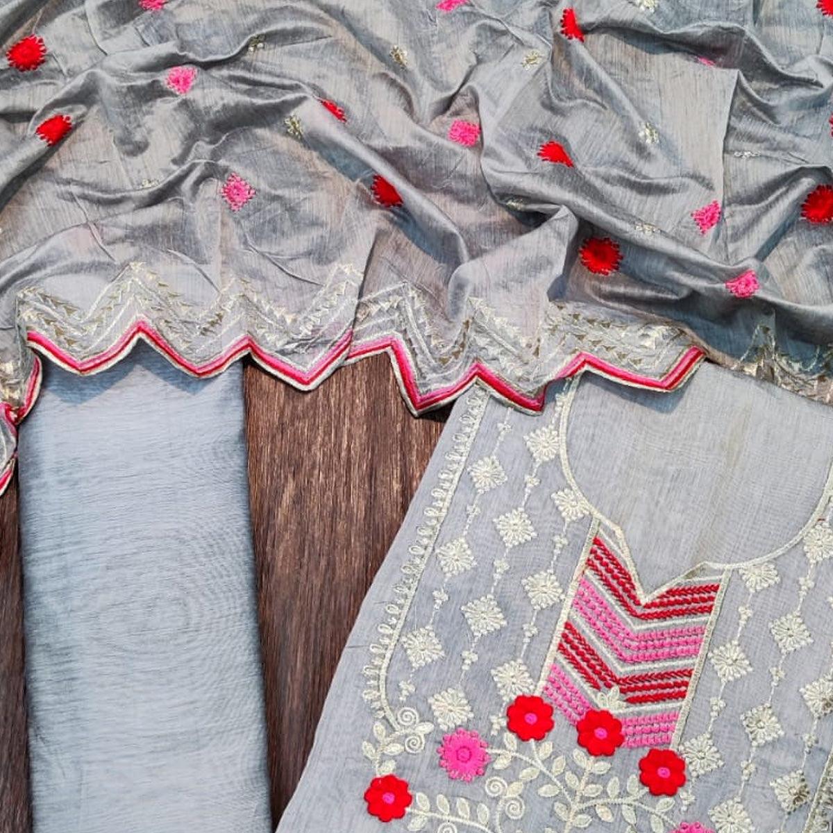 Flamboyant Grey Colored Casual Wear Embroidered Chanderi Dress Material