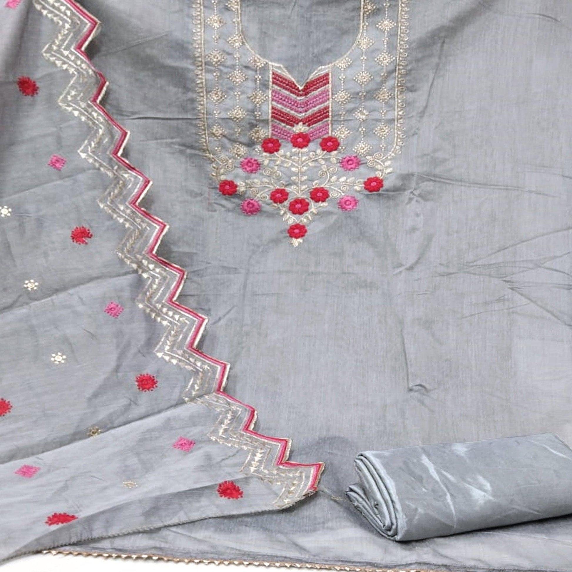 Flamboyant Grey Colored Casual Wear Embroidered Chanderi Dress Material