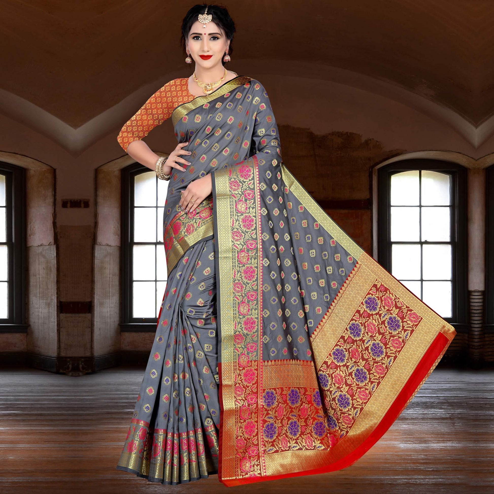 Flamboyant Grey Colored Festive Wear Woven Silk Saree