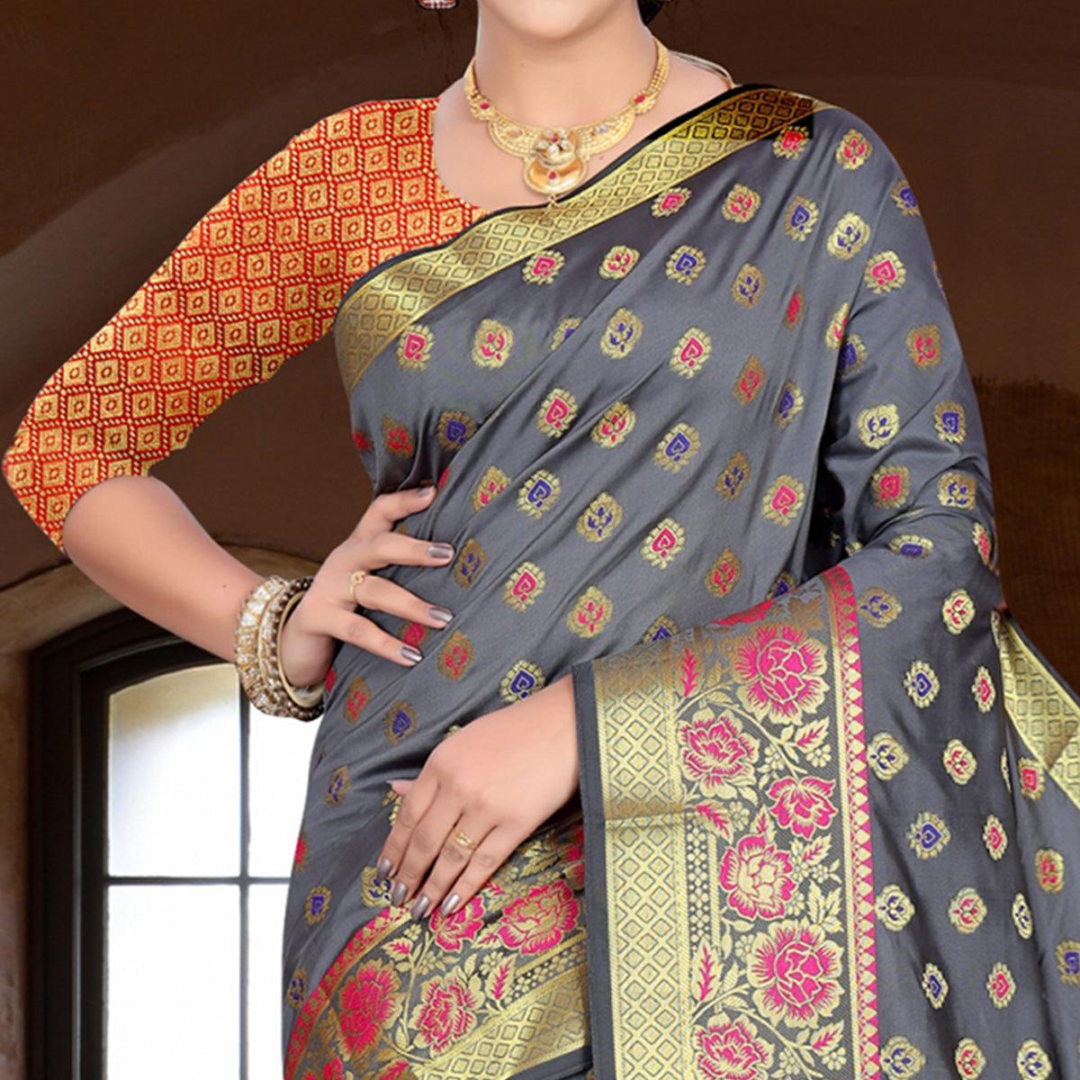 Flamboyant Grey Colored Festive Wear Woven Silk Saree
