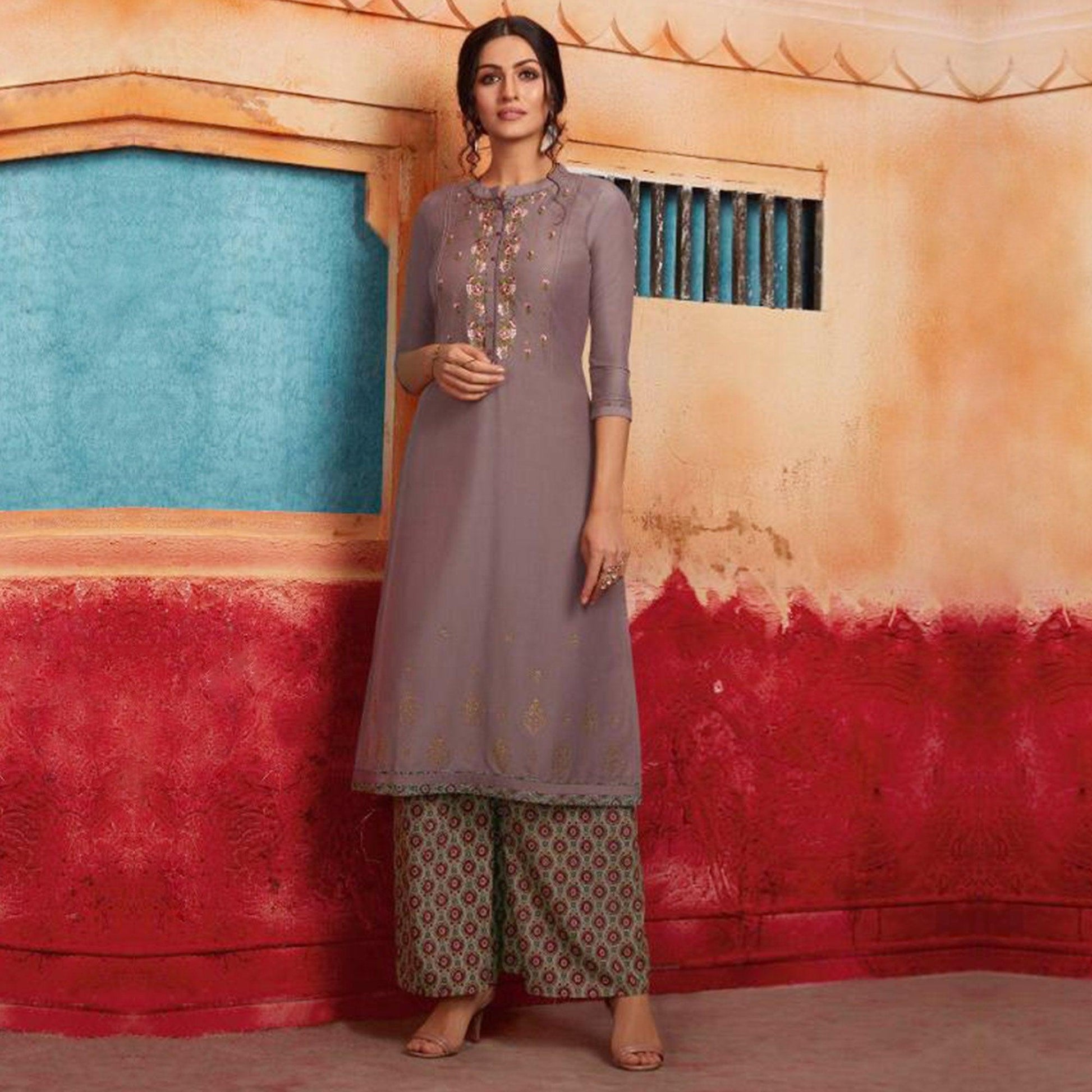 Flamboyant Grey Colored Partywear Embroidered Pure Muslin-Silk Kurti-Palazzo Set