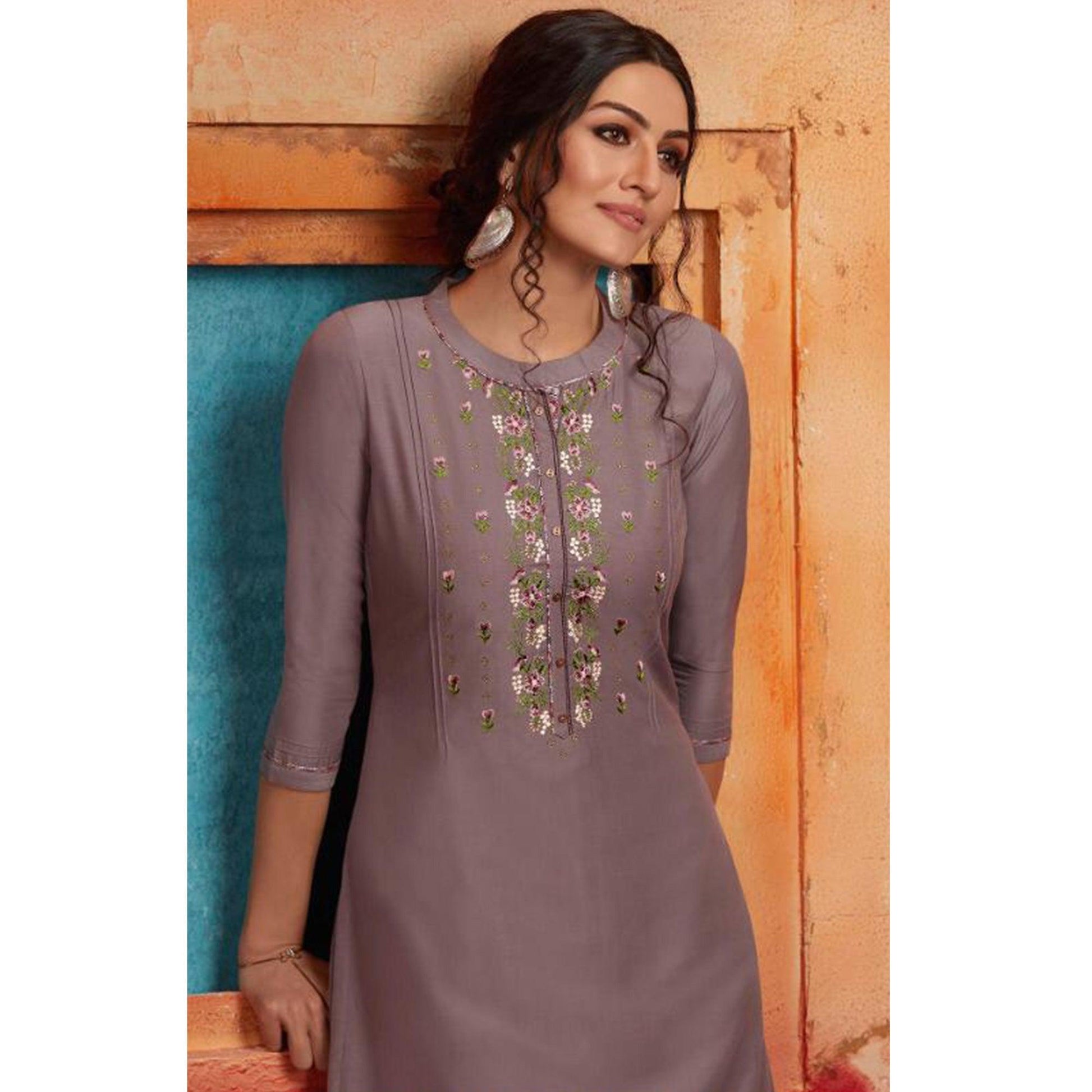 Flamboyant Grey Colored Partywear Embroidered Pure Muslin-Silk Kurti-Palazzo Set