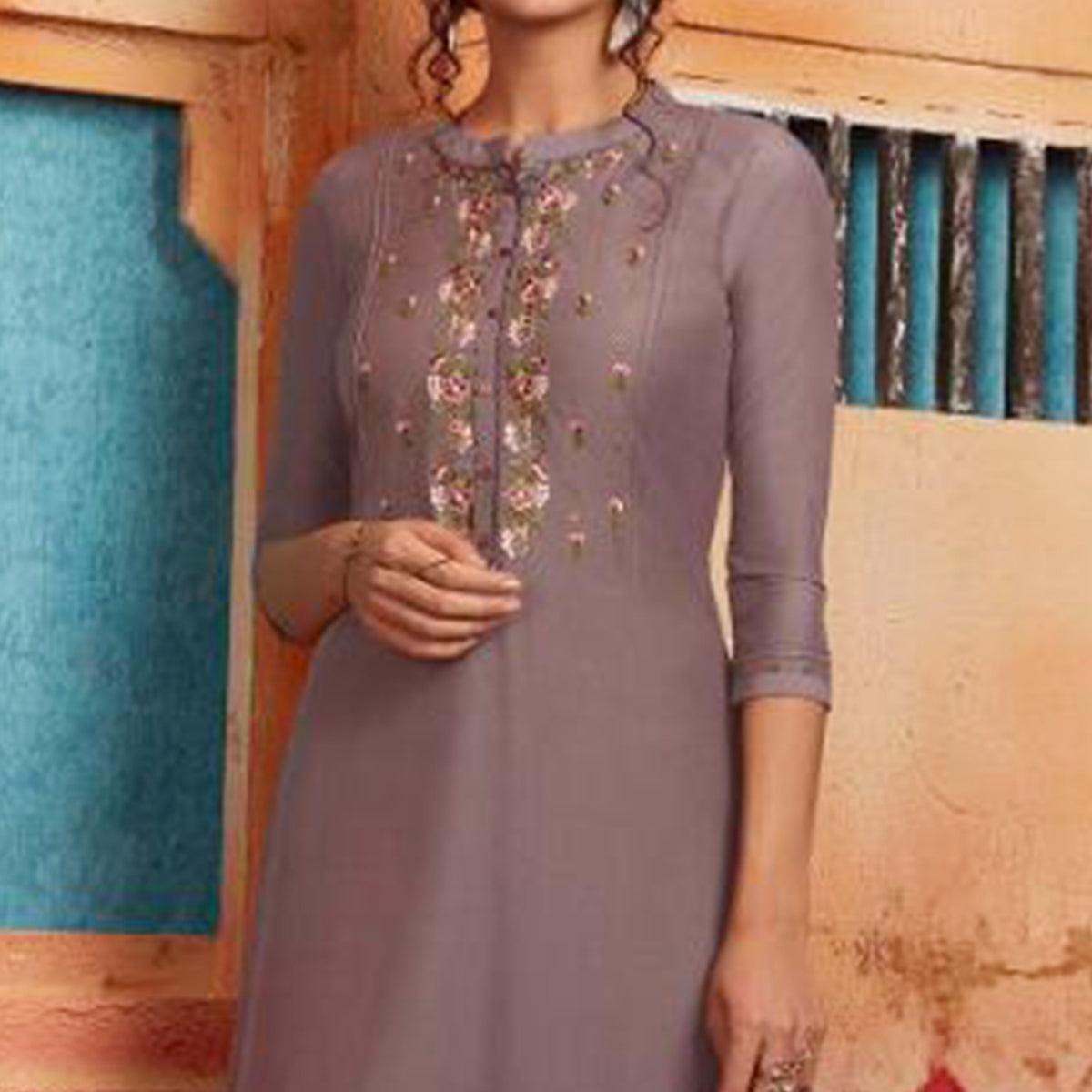 Flamboyant Grey Colored Partywear Embroidered Pure Muslin-Silk Kurti-Palazzo Set