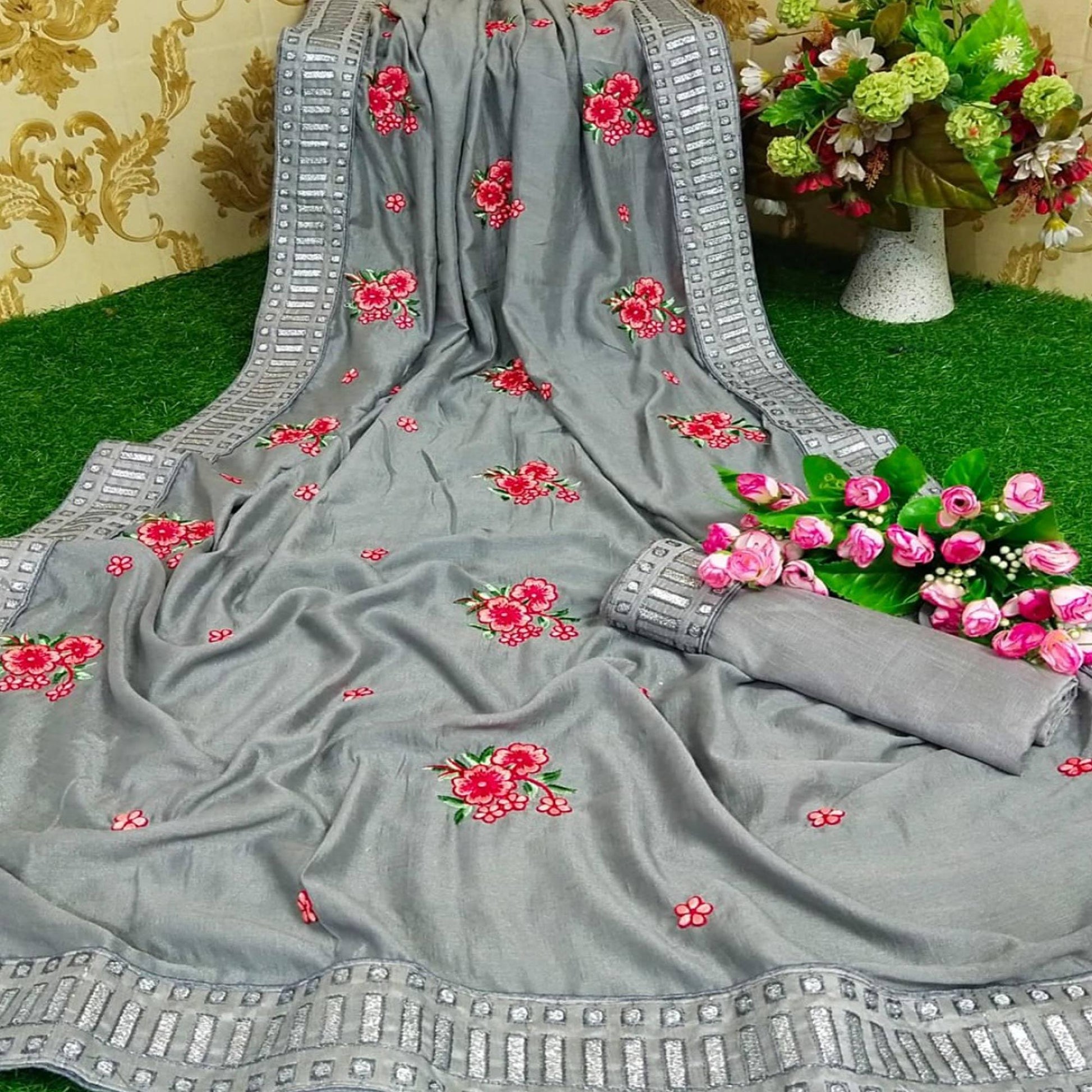 Flamboyant Grey Colored Partywear Embroidered Pure Vichitra Silk Saree