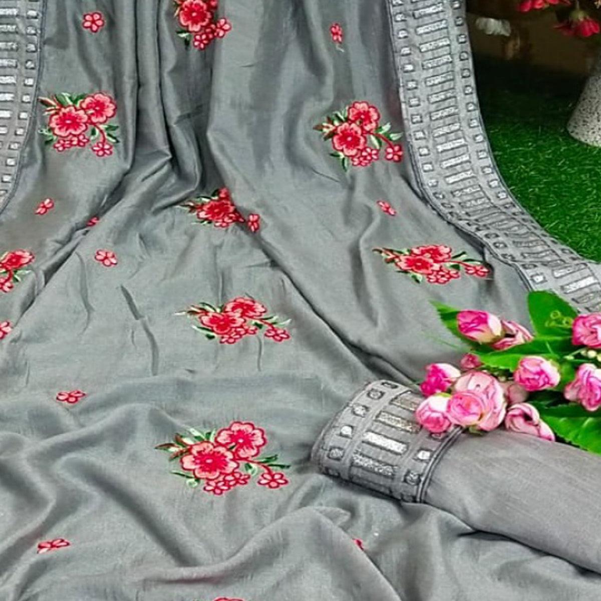 Flamboyant Grey Colored Partywear Embroidered Pure Vichitra Silk Saree